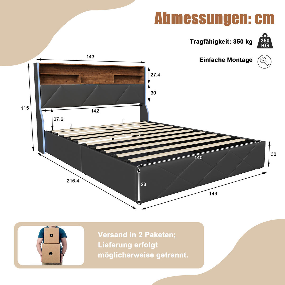 POLSTERBETT 140/200 cm,Stauraumbett mit Bettkasten LED USB und Lattenrost - Grau, Holz/Textil (140/200cm) - PARAFTA HOME