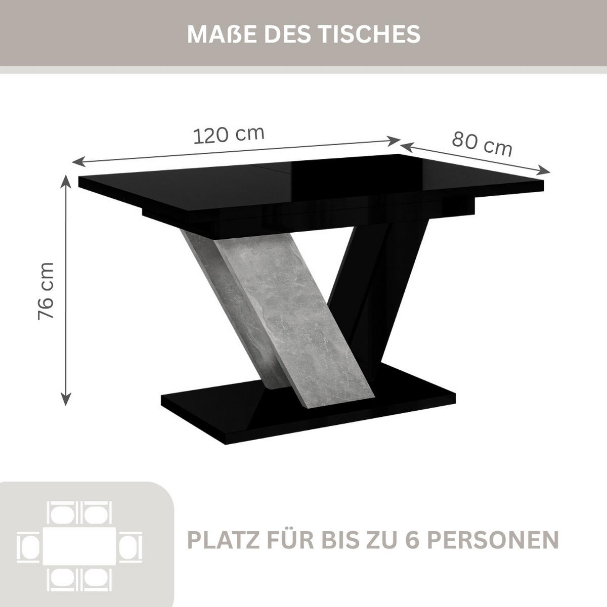 ESSTISCH Schwarz Hochglanz Ausziehbar 120 - 160 cm - Schwarz Hochglanz/Grau, Holzwerkstoff (120/80/76cm) - PROSPERO