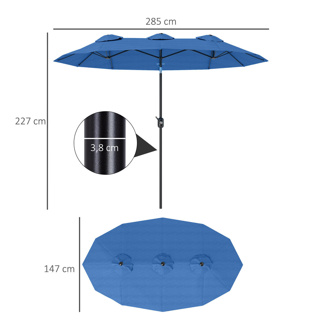 DOPPELSONNENSCHIRM aus Polyester Stahl Blau - Blau, Metall (147/285cm) - Outsunny