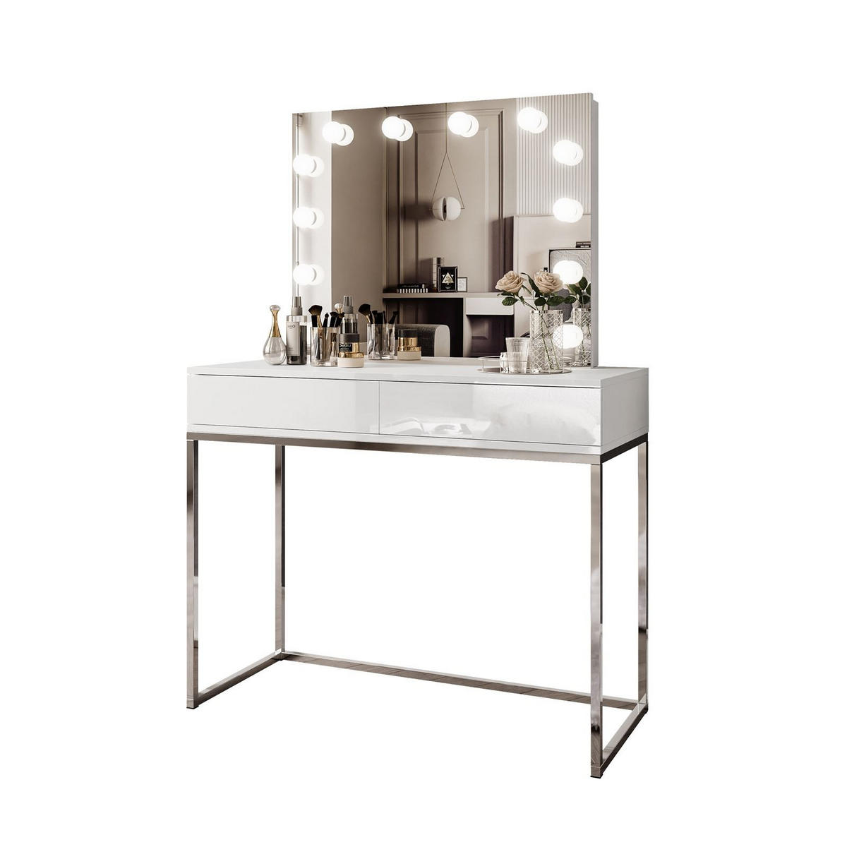 SCHMINKTISCH BLANCO GLAMOUR ELITE mit Spiegel und Beleuchtung Weiß Hochglanz PUSH OPEN - Weiß Hochglanz/Silberfarben, Holzwerkstoff (100/146/42cm) - Lookway