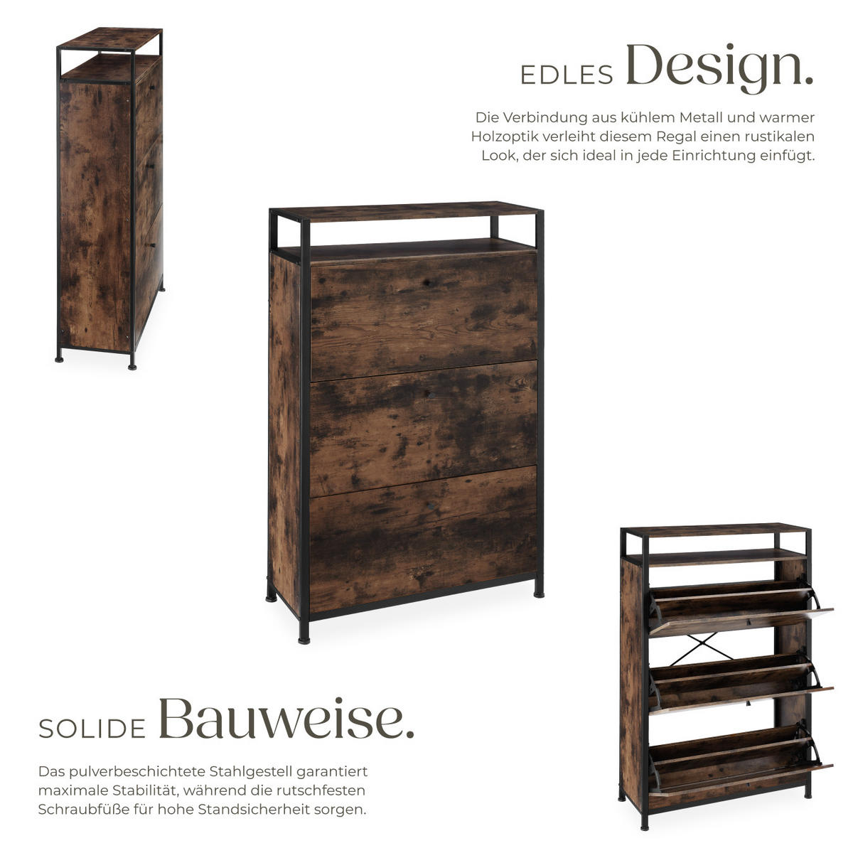 SCHUHSCHRANK Buffalo,inklusive Kippschutz, 81 x 32 x 130 cm,Industrial Holz dunkel, rustikal - Rostfarben, Holzwerkstoff (32/130/81cm) - tectake