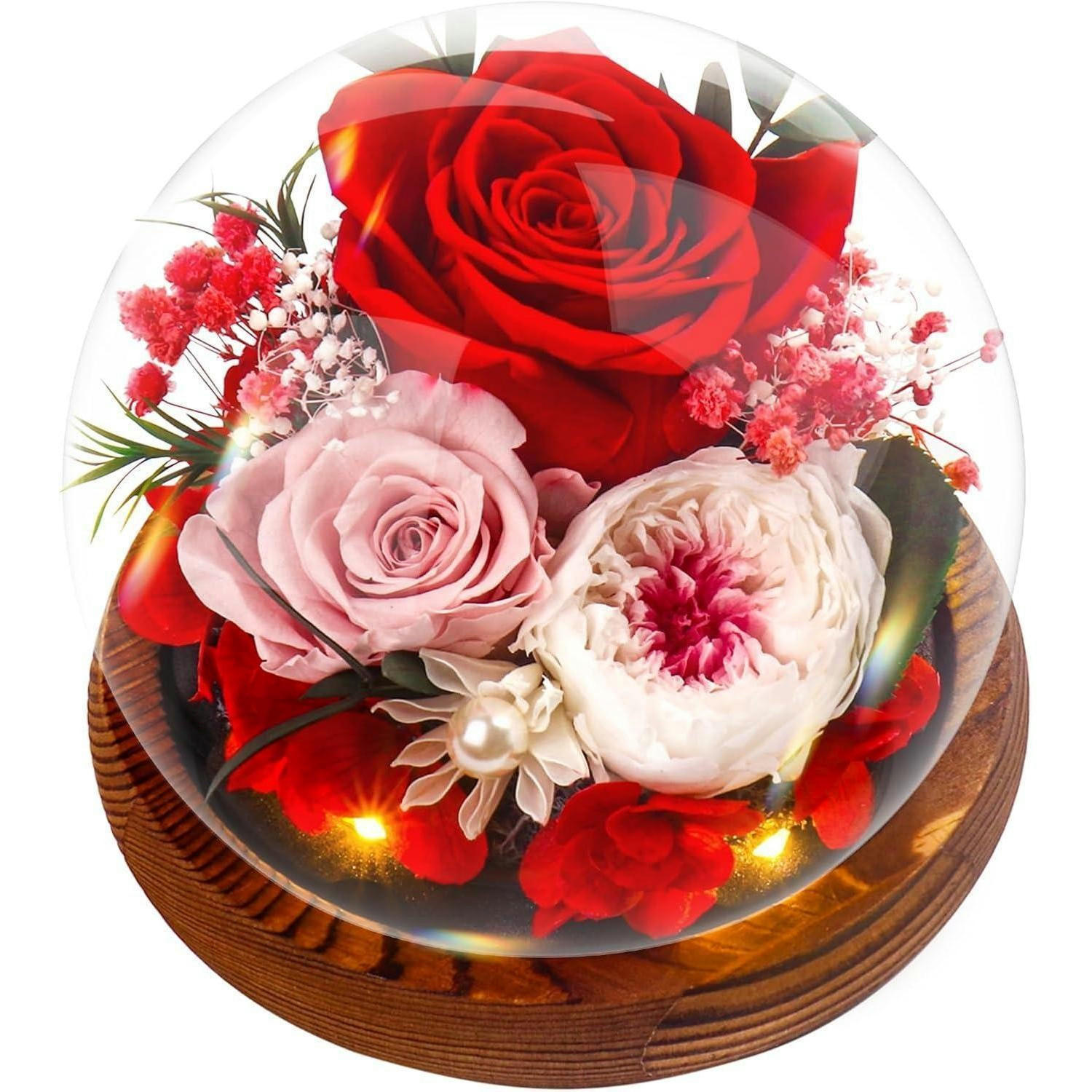 GLASROSE Ewige Rose mit Glaskuppel und Holzsockel - Multicolor, Holz (15cm)