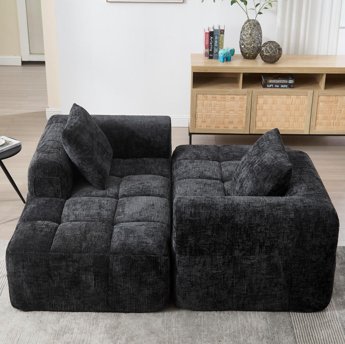 SOFA mit Chaiselongue 250 x 158 cm Chenille Black 3 Kissen - Schwarz, Textil (250/158cm) - IVMEU