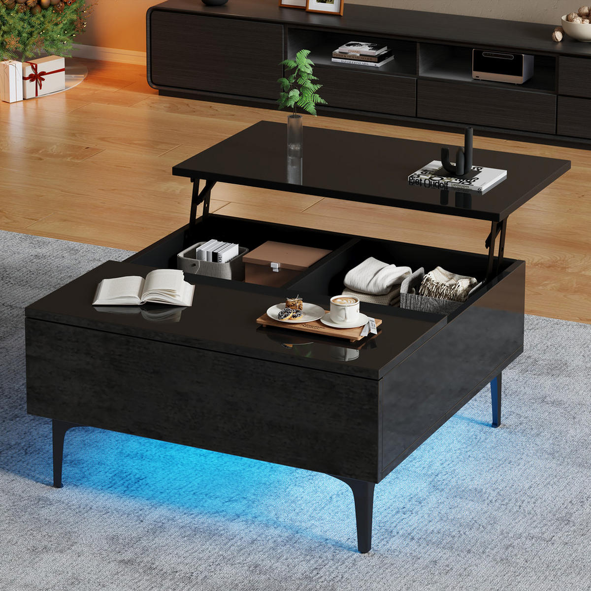 COUCHTISCH 70x70cm Schwarz Höhenverstellbar LED Hochglanz Versteckter Stauraum - Schwarz, Holz (92.08/50.8/17.15cm) - FLIEKS