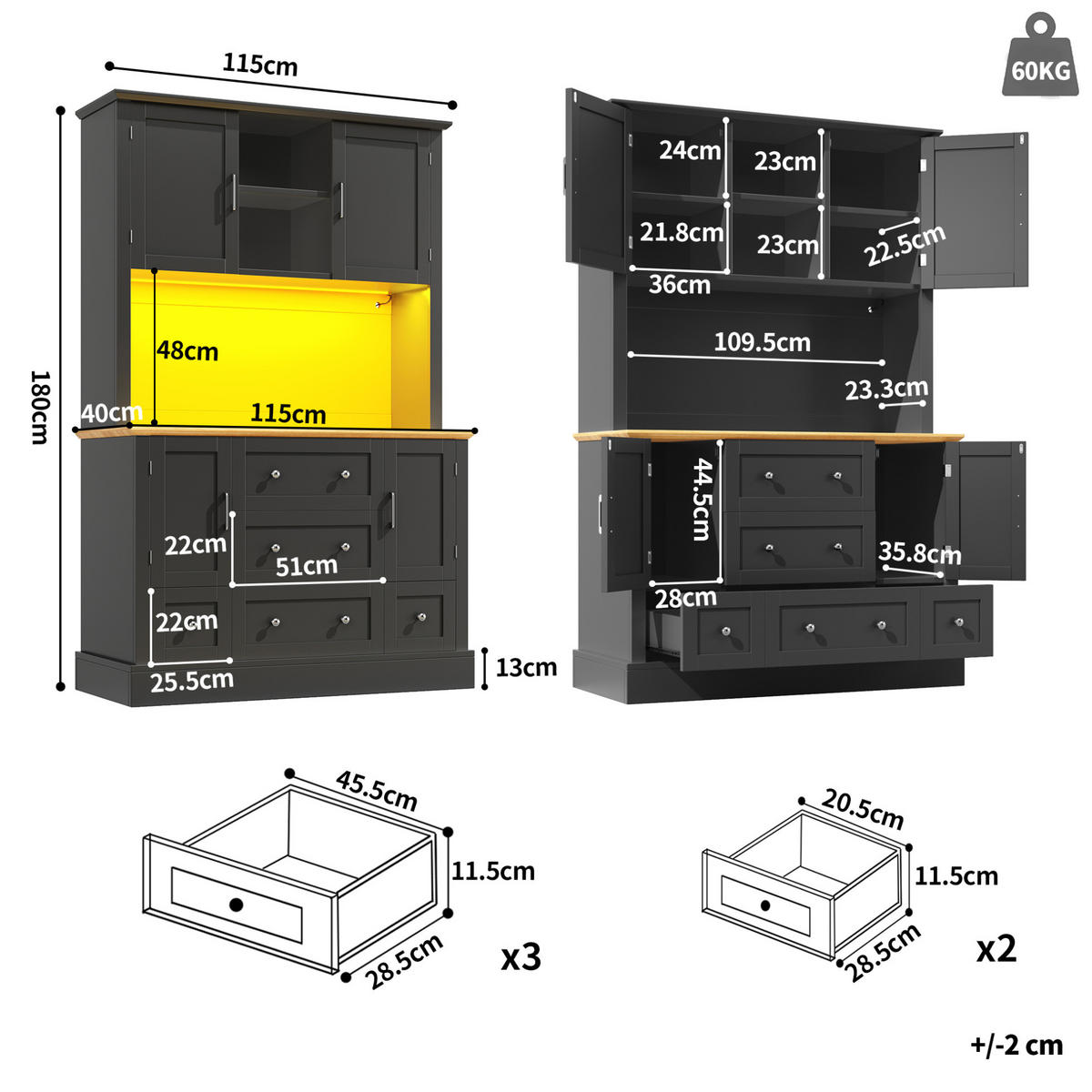 ANRICHTE Hochschrank 115/40/180 cm aus MDF mit LED-Beleuchtung und App-Steuerung Schwarz/Natur - Schwarz, Holzwerkstoff (115/180/40cm) - Modenvie