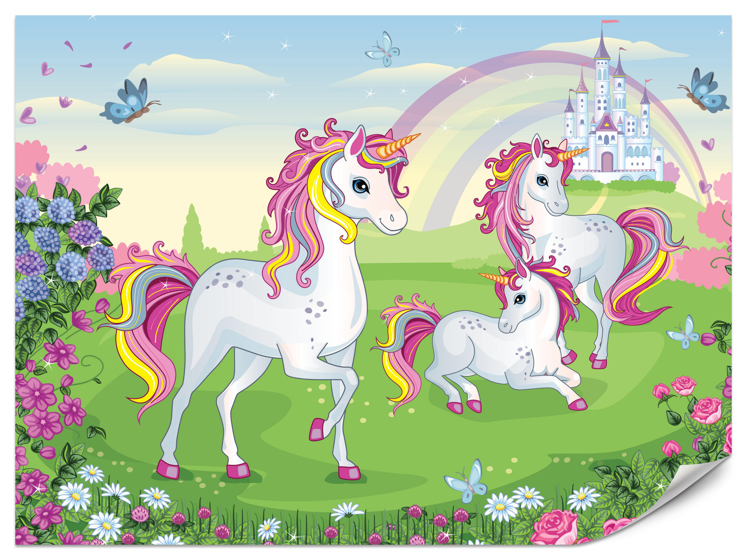 FOTOTAPETE für Kinderzimmer Einhorn Schloss Blumen Märchen 100x70 - Gelb/Violett, Papier (100/70cm) - Muralo