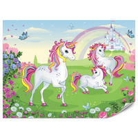 FOTOTAPETE für Kinderzimmer Einhorn Schloss Blumen Märchen 100x70 - Gelb/Violett, Papier (100/70cm) - Muralo