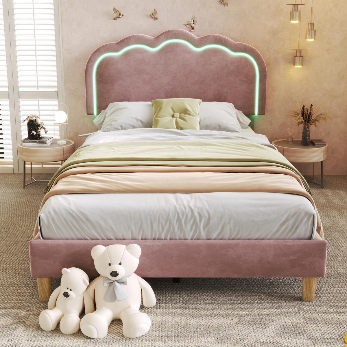 POLSTERBETT 90/200 cm aus Samt mit LED-Kopfteil und verstellbarer Höhe Rosa - Pink, Textil (90/200cm) - Modenvie