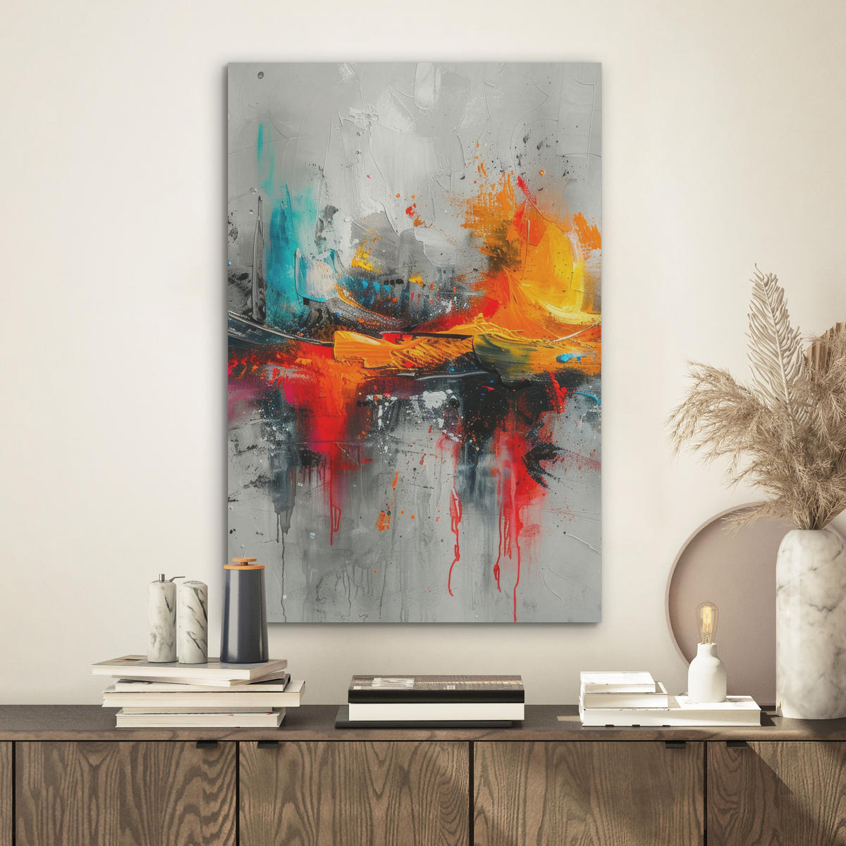 AKUSTIKBILD Moderne Kunst - Orange - Grau - Abstrakt Kunstdruck Schlafzimmer 50x70 cm - Hellgrau, Kunststoff (50/70/0.9cm) - MuchoWow