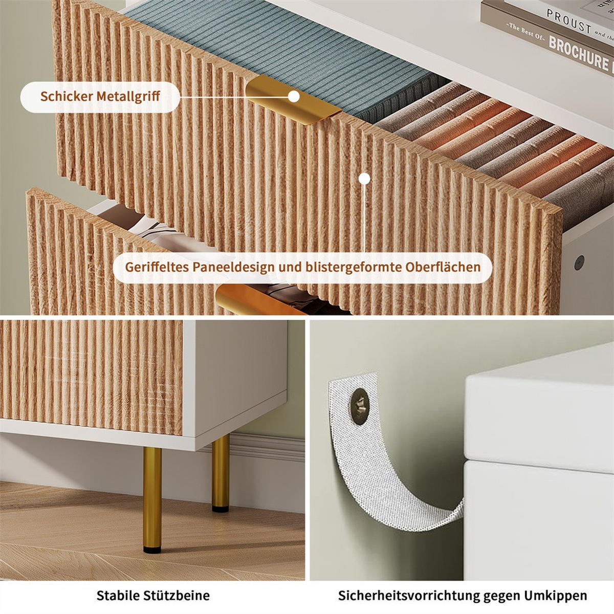 KOMMODE mit 5 Schubladen - vertikale Rillen und goldene Metallbeine - Naturholz und Weiß - Eichefarben, Holzwerkstoff (60/109.8/34cm) - DELFA