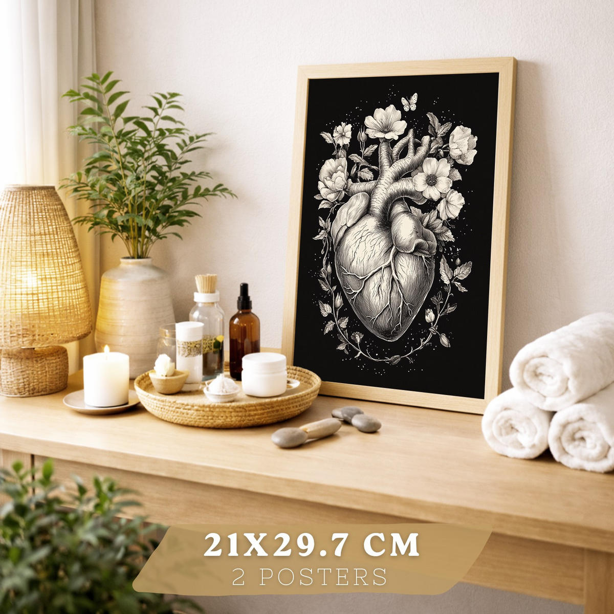 POSTER Set aus 2 Anatomie Mensch Drucke und mit Gehirn und Herz Monochromes Florales Design Schwarzer Hintergrund Größe Leichter Holzrahmen A4 - Beige, Papier (21/29.7/3cm) - Nacnic