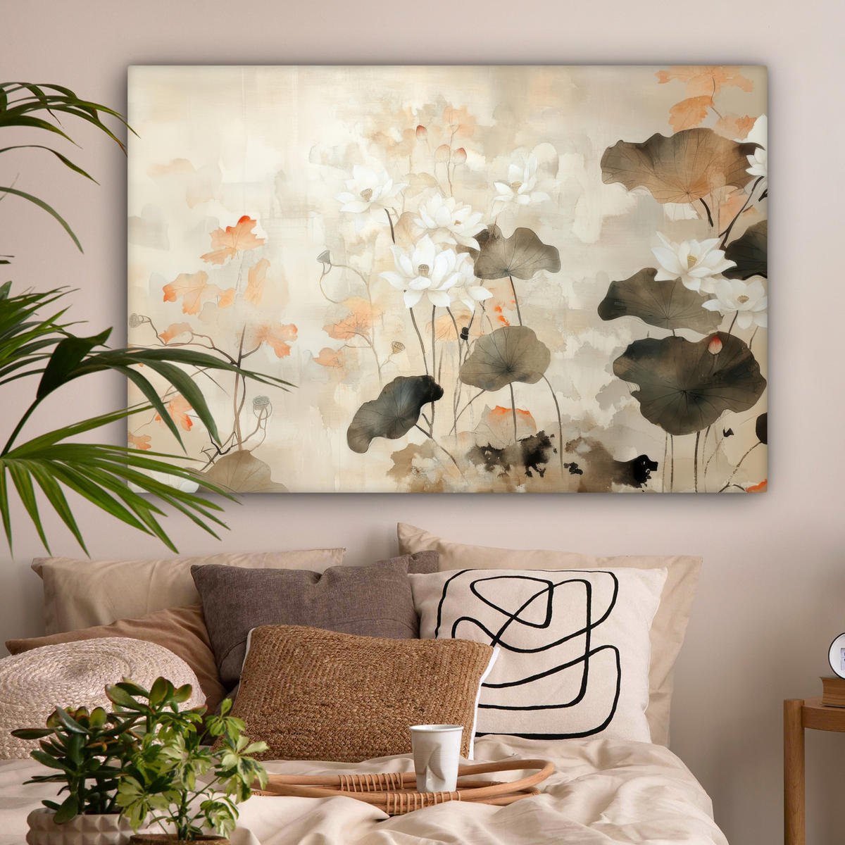 LEINWANDBILD Blumen - Japandi - Wabi sabi Groß 140x90 cm - Sandfarben, Textil (140/90cm) - MuchoWow