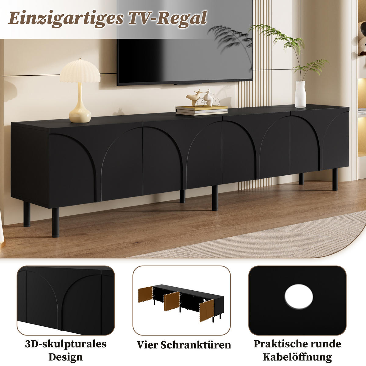 TV-SCHRANK Lowboard 4 Türen Metallfüße modern Stauraum - Schwarz, Holzwerkstoff (35/49/180cm) - FLIEKS