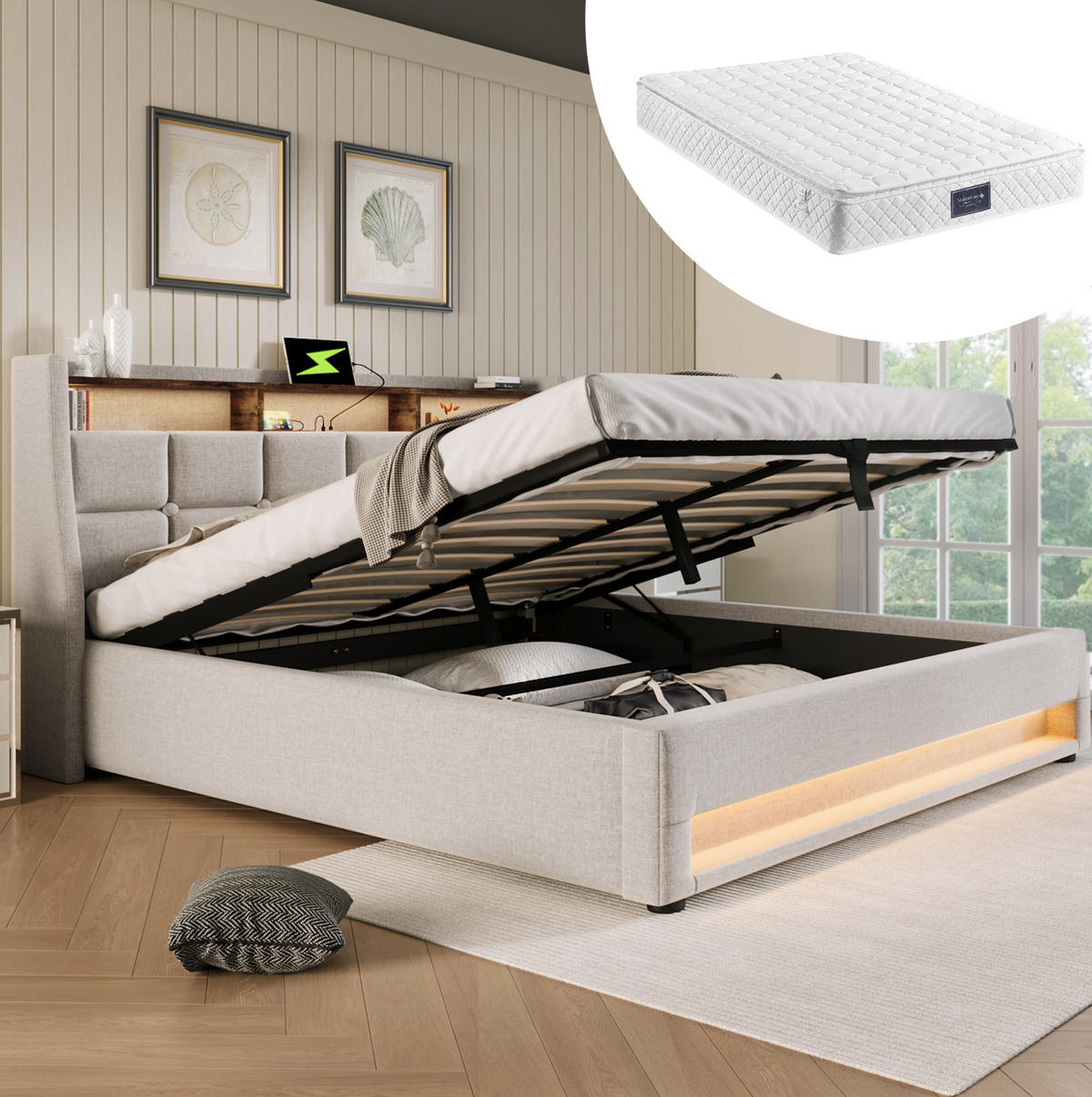 POLSTERBETT 160/200 cm Beige aus Leinen mit LED, USB und Bettkasten - Beige, Textil (160/200cm) - OKMYHOME