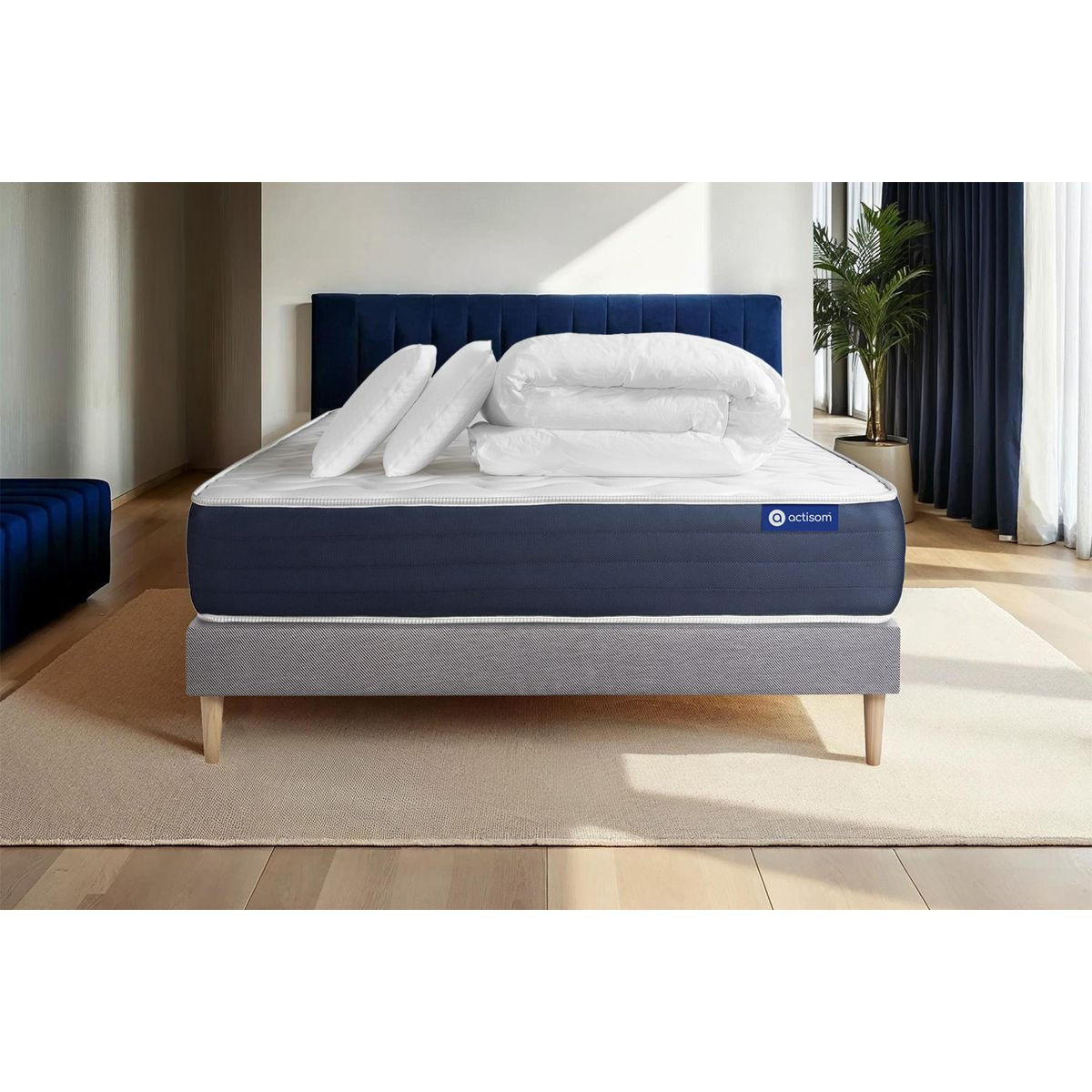 BETT Actiflex sleep Taschenfederkern und Memory-Schaum 160 x 200 cm h2 - Kit Bettgestell Grau - Mit Kissen und Bettdecke - Beige/Grau, Karton/Holz (160/200cm) - ACTISOM