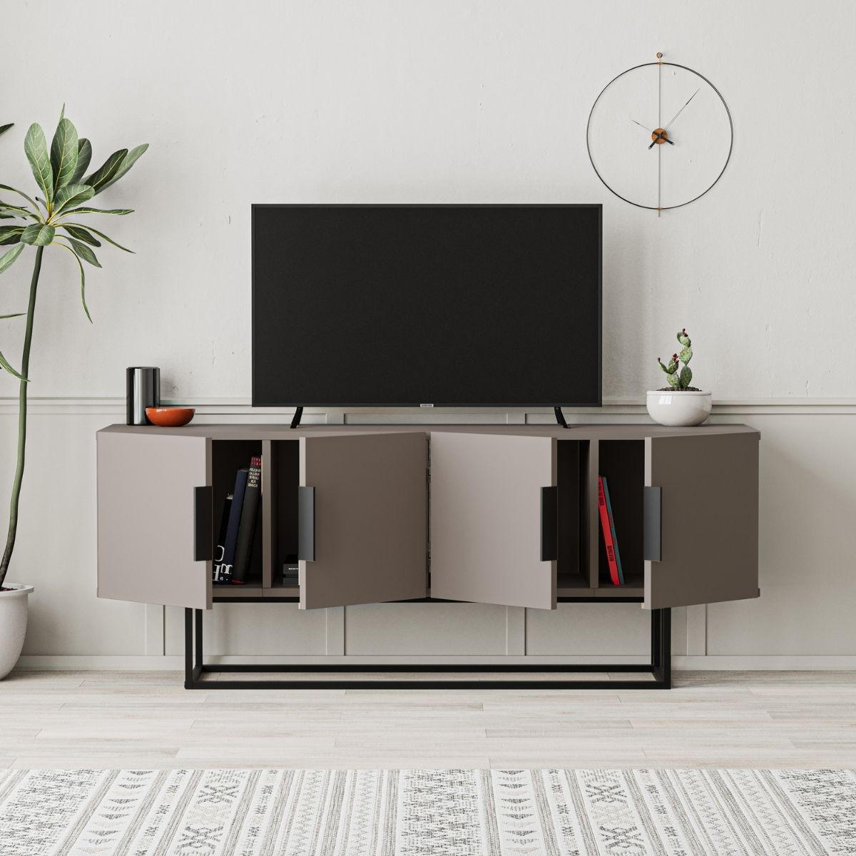 TV-SCHRANK mit 4 Türen und Metallbeinen L140 cm - Titan - Braun, Holzwerkstoff (35/55/140cm) - Calicosy