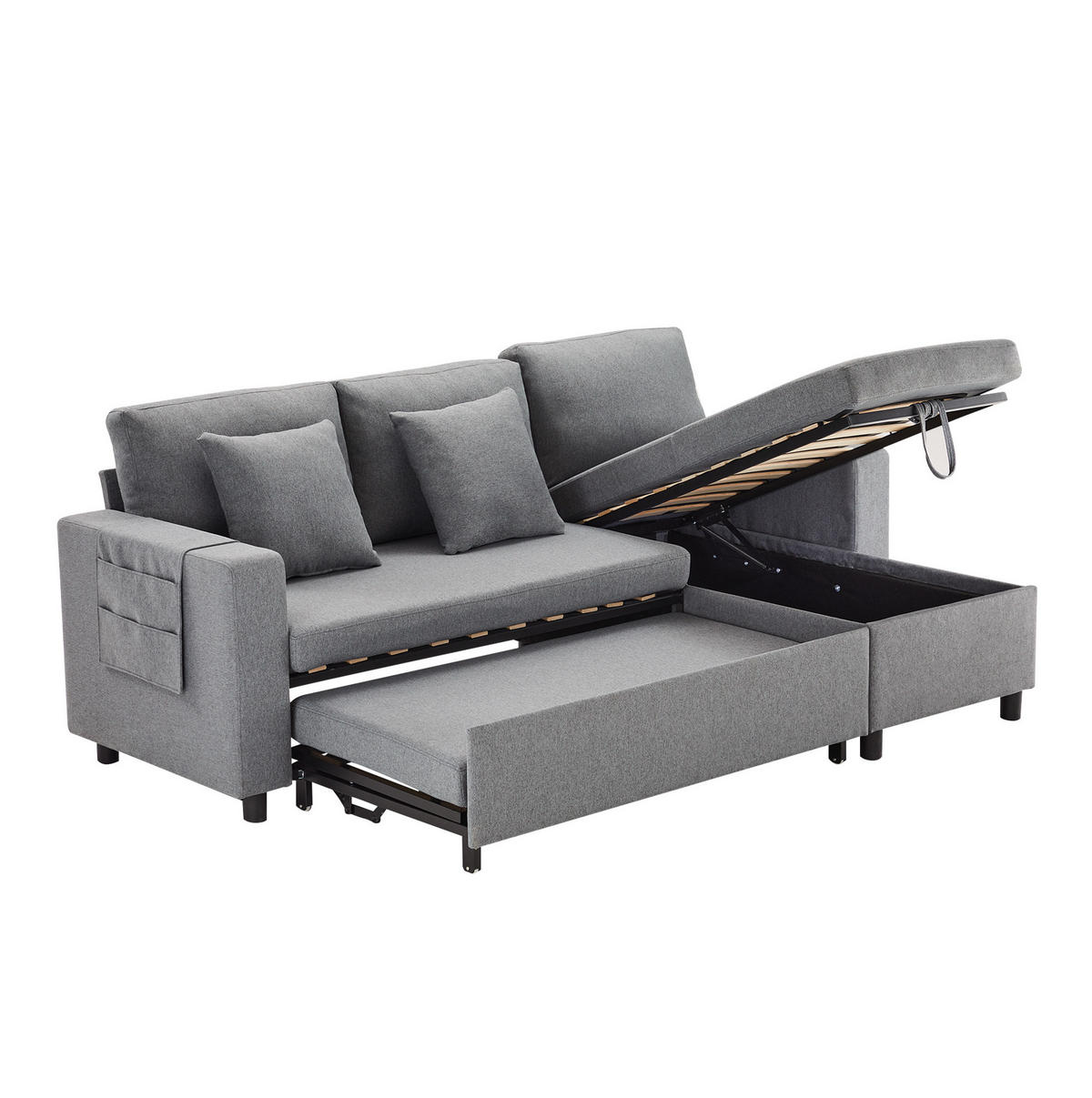 SCHLAFSOFA aus Leinen 219,5x142,5x83 cm Dunkelgrau mit Stauraum, wechselbarer Chaiselongue und Schlaffunktion - Dunkelgrau, Textil (142.5/83/219.5cm) - Modfu