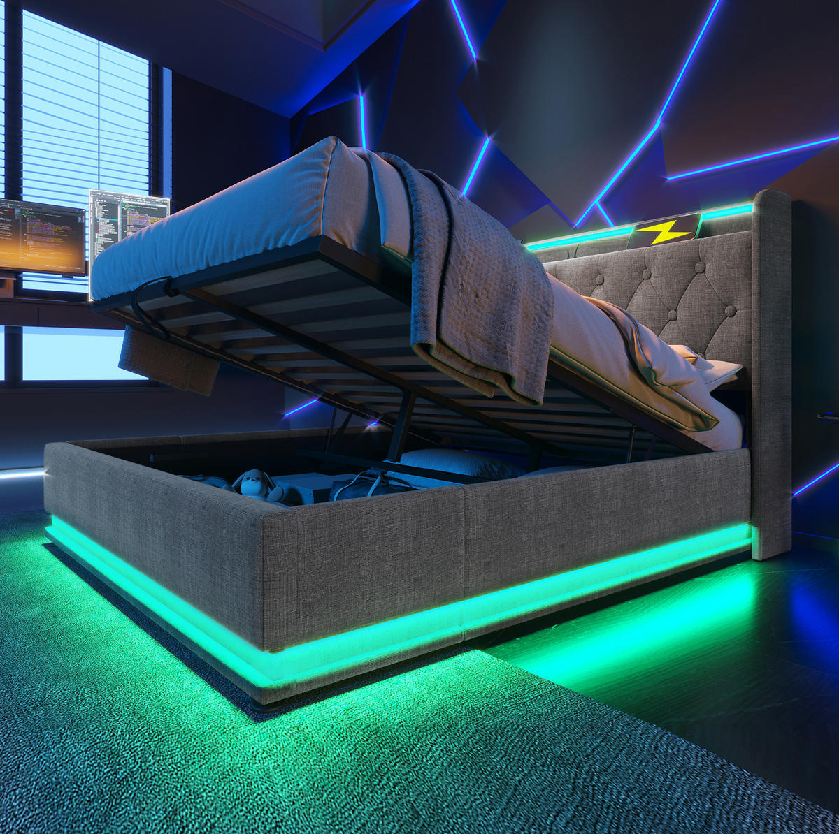 ČALÚNENÁ posteľ 160/200 cm sivá, ľan, s LED osvetlením, USB a úložným priestorom - sivá, textil (160/200cm) - BEAOK