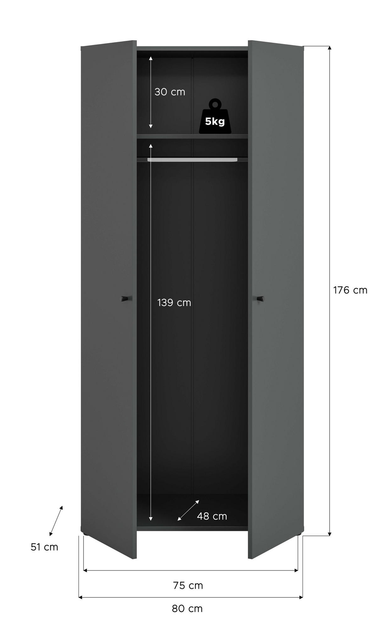 KLEIDERSCHRANK 2-türig Arbor (B/H/T: ca. 80/176/51 cm) in anthrazit/anthrazit - Anthrazit, Holzwerkstoff (80/176/51cm)