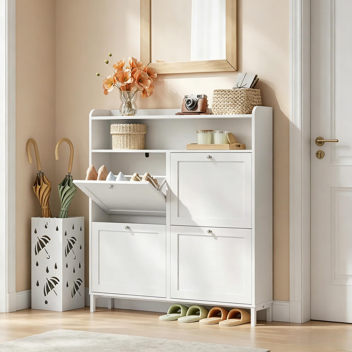 SCHUHKIPPER DE-38079 100/19,5/107 cm mit 4 Klappfächern Weiß - Weiß, Holzwerkstoff (100/107/19.5cm) - ComfortXL