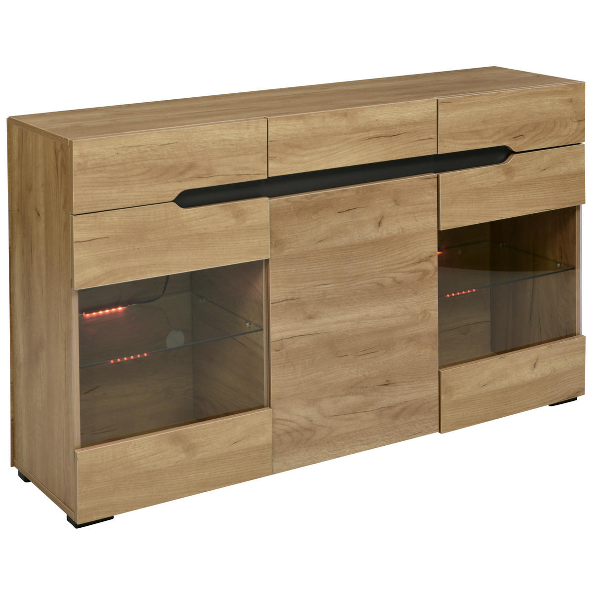SIDEBOARD 140/35/80 cm mit 3 Türen, 3 Schubladen & LED in Eiche-Optik - Naturfarben, Holzwerkstoff (140/80/35cm) - BEAOK