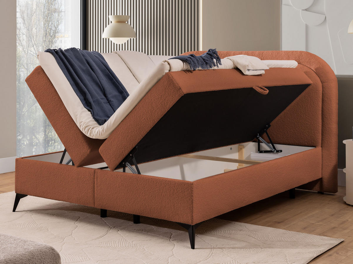 BOXBETT Sonna 160/200 cm Terrakotta Bouclé-Stoff mit abgerundetem Kopfteil und mit schwarzen Metallfüße - Terra cotta/Schwarz, Holz/Textil (160/200cm) - S-Style Möbel