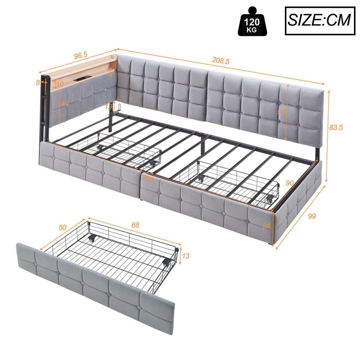 POLSTERBETT 90x200 cm mit LED, USB-C, Schubladen, Grau - Hellgrau, Holz (90/200cm)