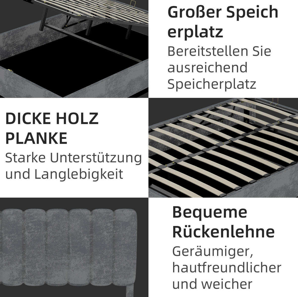 POLSTERBETT 160/200 cm grau aus Stoff und Metall mit Stauraum - Grau, Textil (160/200cm) - OKWISH