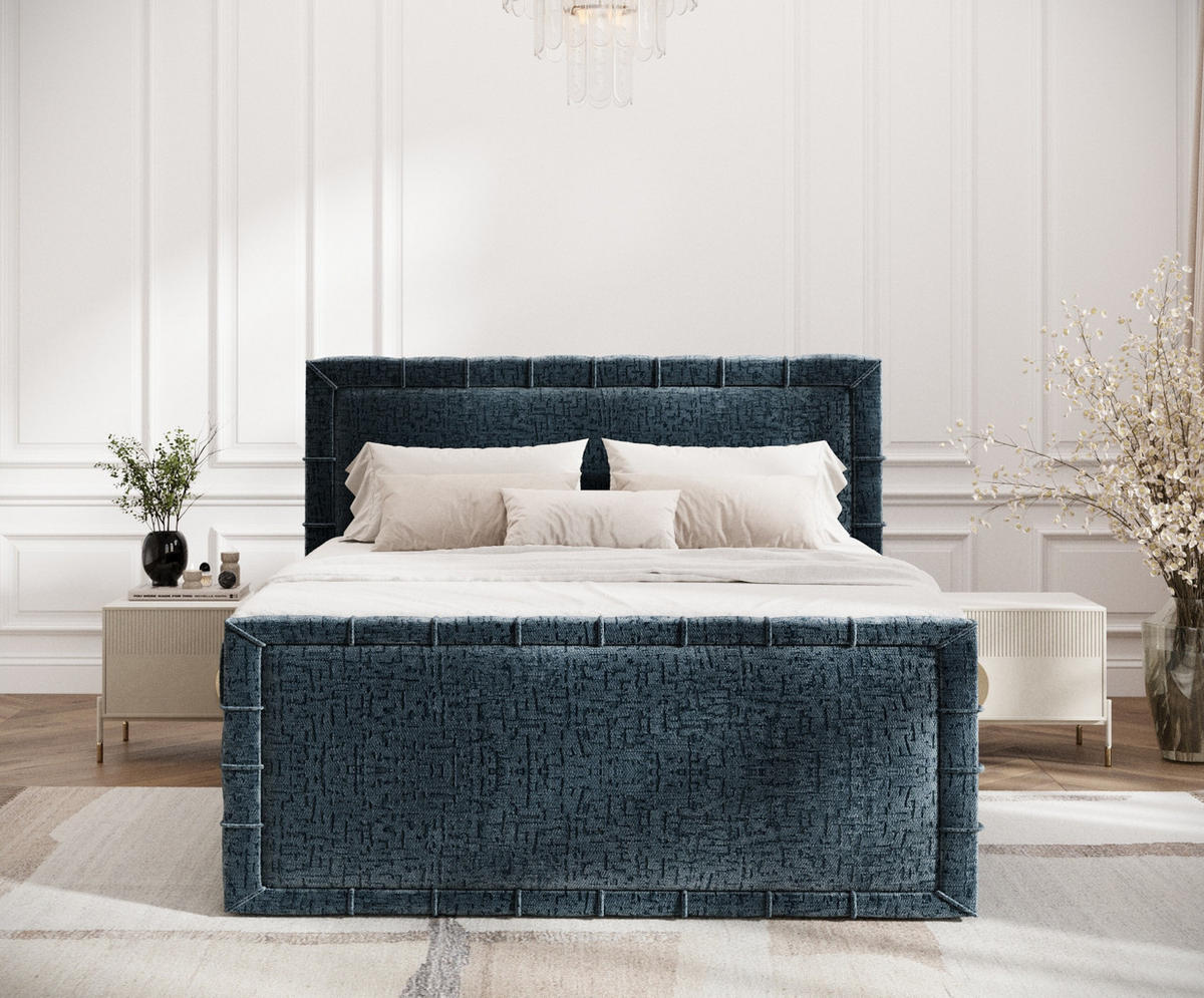 BOXBETT Estelle Blau 140/200 cm im Chenille-Stoff - Blau/Schwarz, Holz/Holzwerkstoff (140/200cm) - Maison de Reve