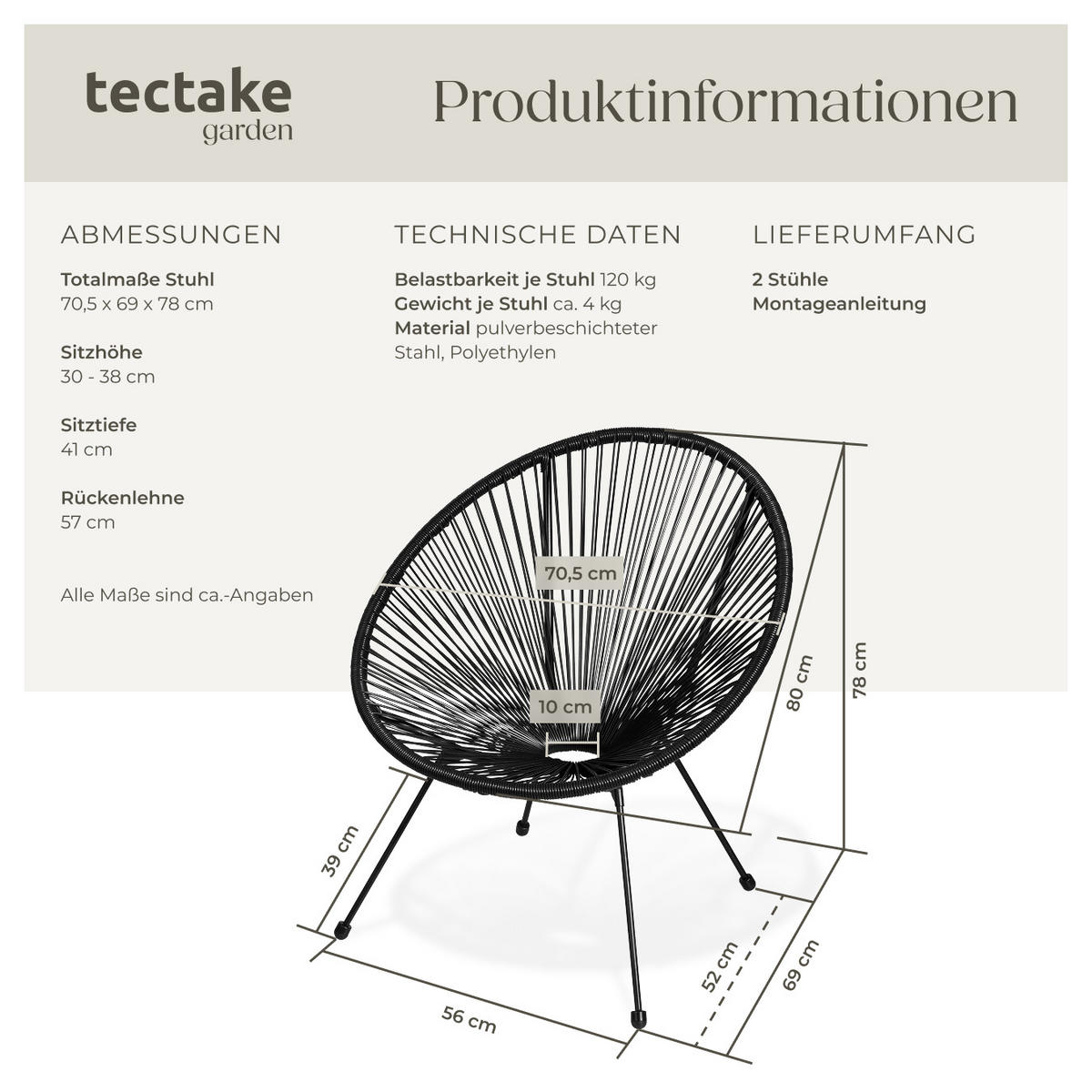 GARTENSTUHL 2er Set Santana,Belastbarkeit 120 kg, 70,5 x 69 x 78 cm,schwarz - Schwarz, Metall (70.5/78/69cm) - tectake