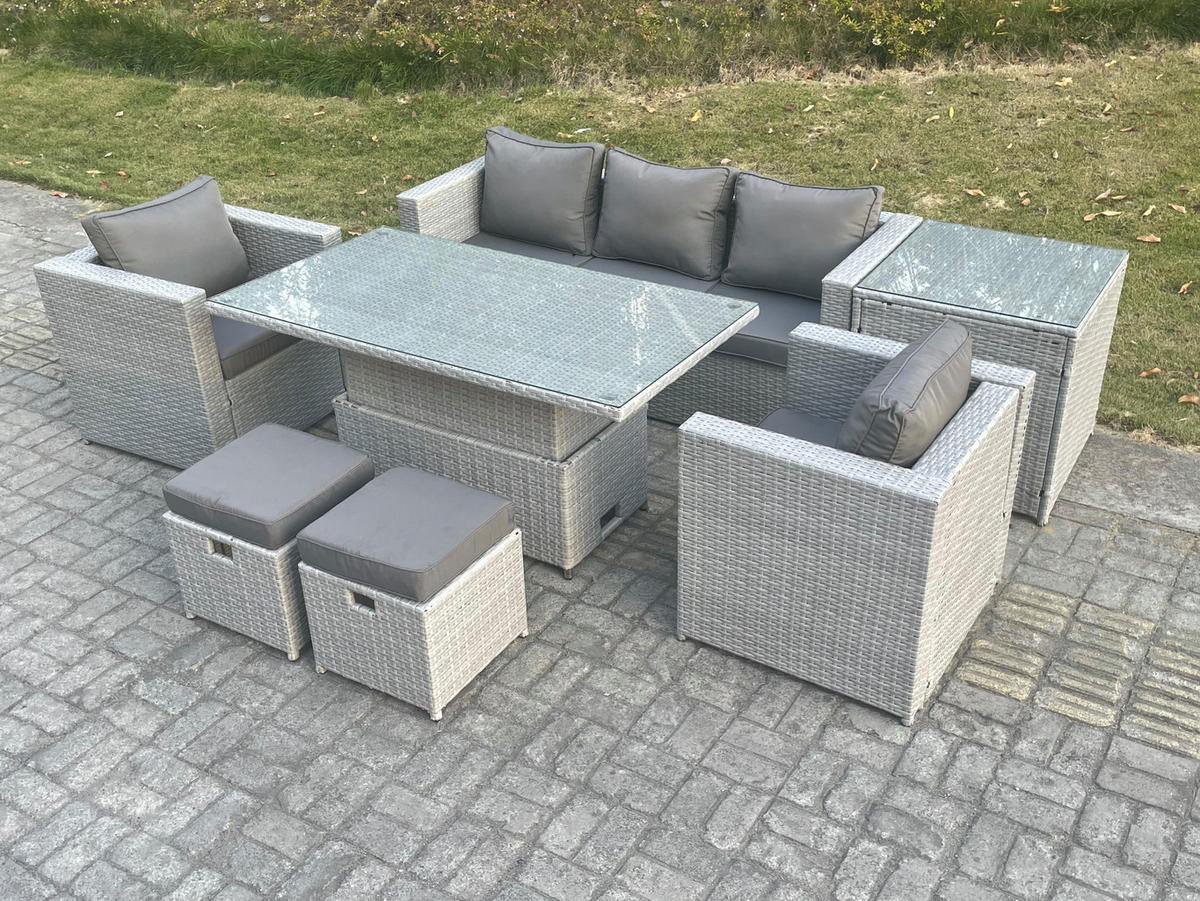 GARTENSOFA SET mit höhenverstellbarer Tisch Polyrattan Helles Grau 7-teilige - Hellgrau, Metall - Fimous