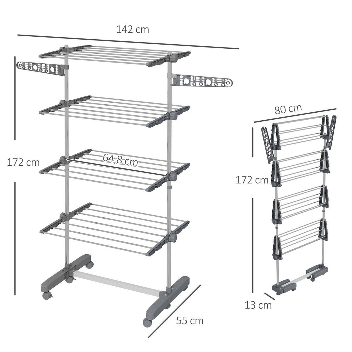 WÄSCHESTÄNDER DE-09793 5 Ebenen, klappbar mit 6 Rollen Grau+Silber - Grau, Metall (142/172/55cm) - ComfortXL