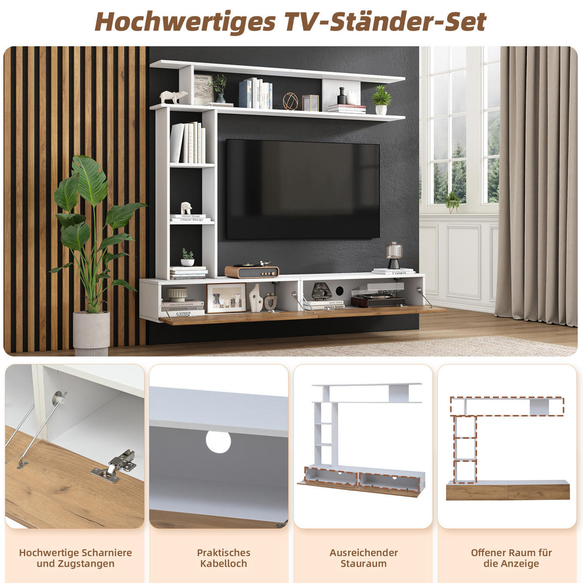 WOHNWAND 180/35/150 cm in Weiß/Eiche mit Regal-Set und 2 Klapptüren - Weiß, Holzwerkstoff (180/150/35cm) - Flora Grace