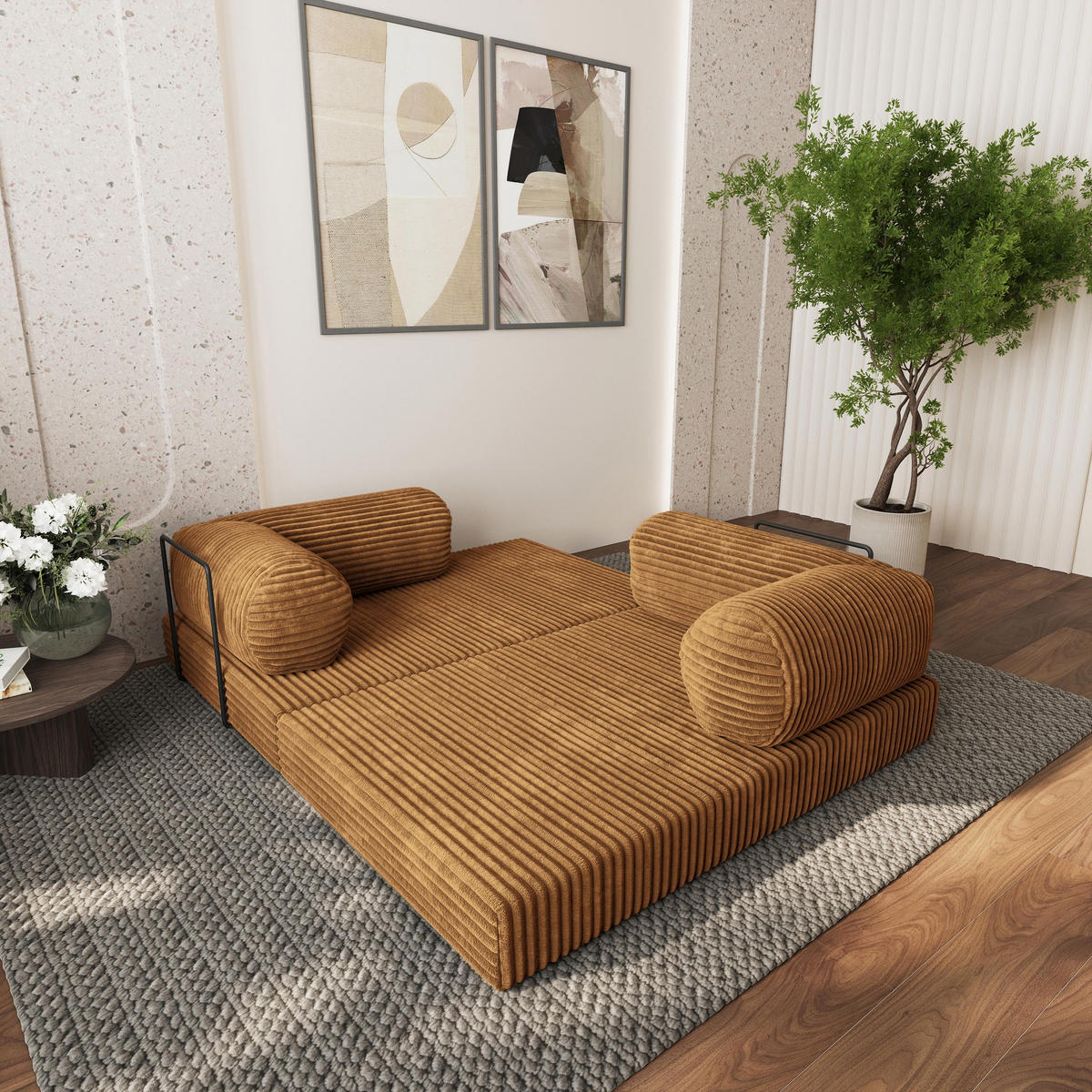 ECKSOFA ETERA modulares Boneless Sofa mit Schlaffunktion Orange Cordstoff - Orange, Textil (270/160cm) - MASSENO