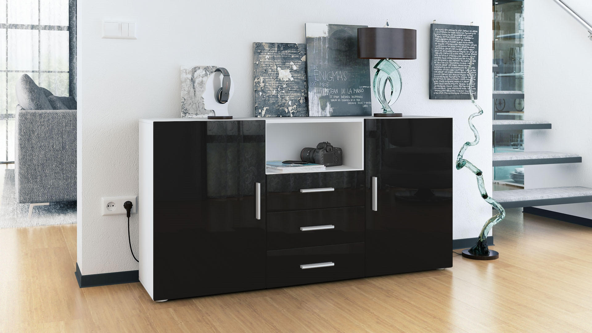 SIDEBOARD Skadu Front in Schwarz Hochglanz - Schwarz Hochglanz, Holzwerkstoff (138.5/71.5/35cm) - Vladon