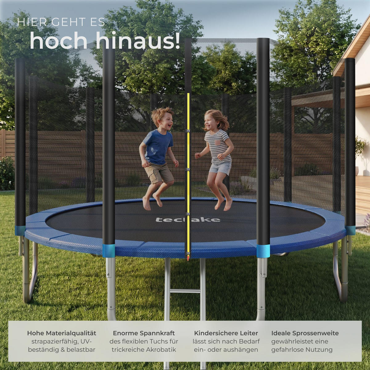 TRAMPOLIN Garfunky, inklusive Einstiegsleiter, schwarz/blau - Blau/Schwarz, Metall (427/260/427cm) - tectake