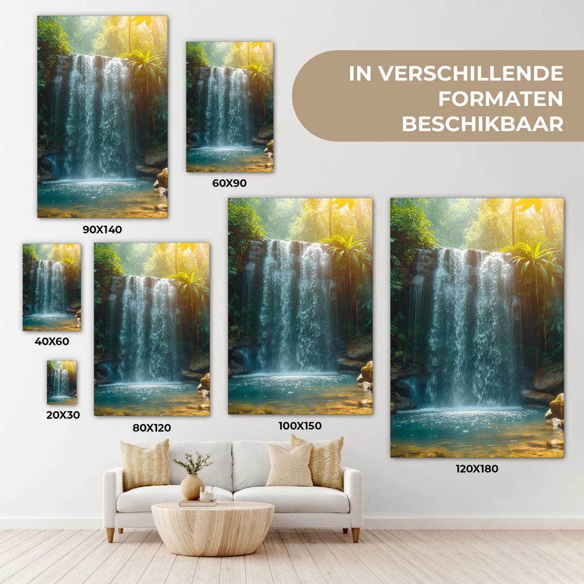 LEINWANDBILD Wasserfall - Dschungel - Sonne - Grün - Natur Deko Groß 90x140 cm - Grün, Textil (90/140cm) - MuchoWow