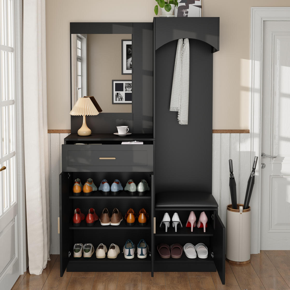 GARDEROBE-SET in Schwarz Garderobenschrank mit Spiegel und Schuhbank für Eingangsbereich und Flur, B110/T33/H185.5 cm - Schwarz, Glas/Holzwerkstoff (110/185.5/33cm) - STILVORA