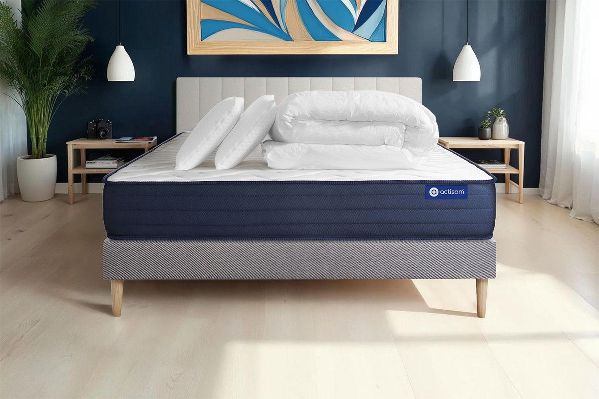 BETT Actiflex life Taschenfederkern und Memory-Schaum 160 x 200 cm h4 - Kit Bettgestell Grau - Mit Kissen und Bettdecke - Beige/Grau, Karton/Holz (160/200cm) - ACTISOM