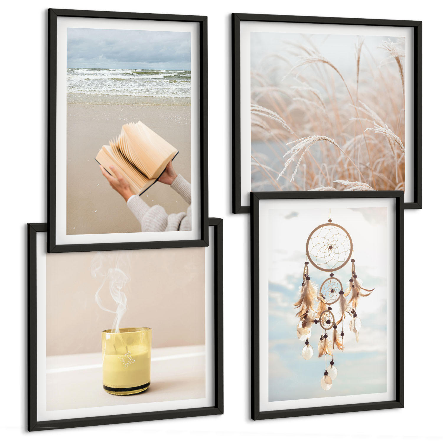 BILDER SET 4er Set - 50x50 cm & 40x60 cm Schwarzer Rahmen - Sommerlandschaften im Boho-Stil - Schwarz, Kunststoff (50/50cm) - TULUP