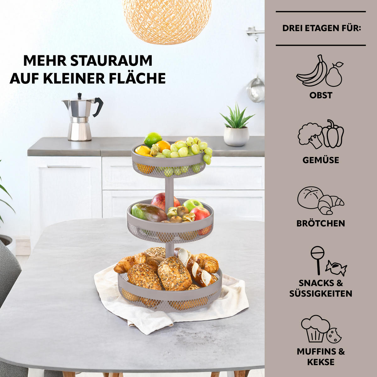 OBSTETAGERE 3-STÖCKIG rund Metall taupe - Taupe, Metall (42cm) - eluno