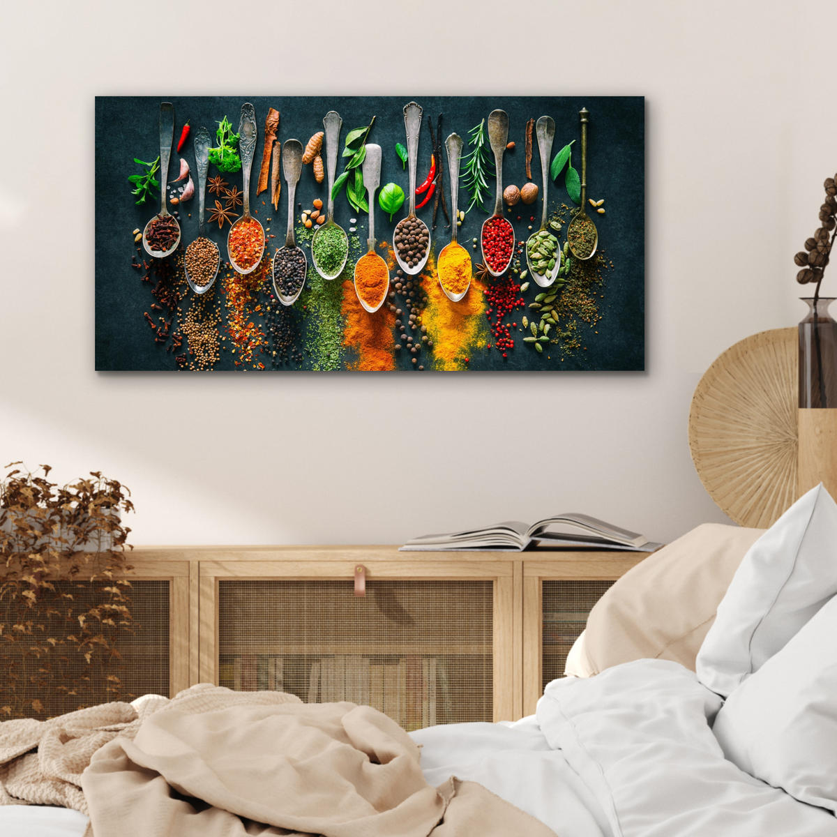 KOVOVÝ OBRAZ Bylinky - korenie - lyžičky 80x40 cm - kari žltá, kov (80/40cm) - MuchoWow