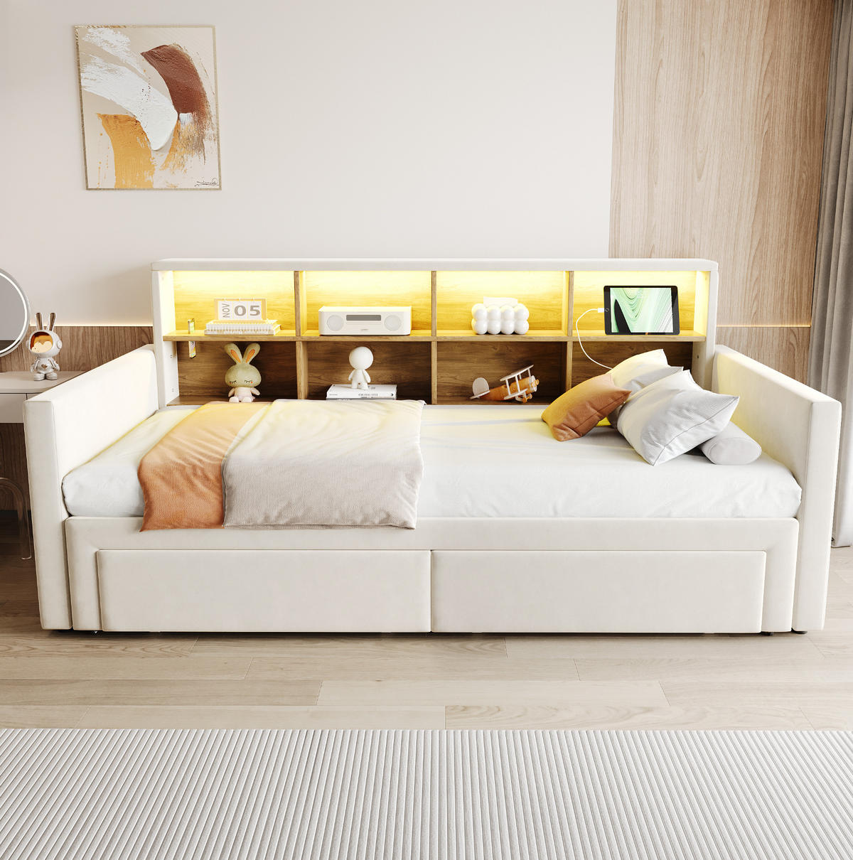 POLSTERBETT 90/180×190 cm aus Samt in Beige mit LED-Beleuchtung und Stauraum - Beige, Textil (90/190cm) - Flora Grace