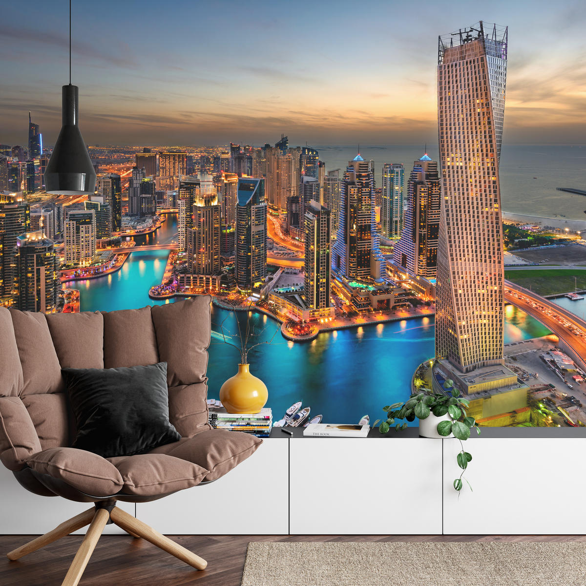 FOTOTAPETA Pre Kanceláriu Mrakodrapy Dubai Marina Prístav Svetlá Moderná 250 x 175 cm - oranžová/hnedá, papier (250/175cm) - Muralo