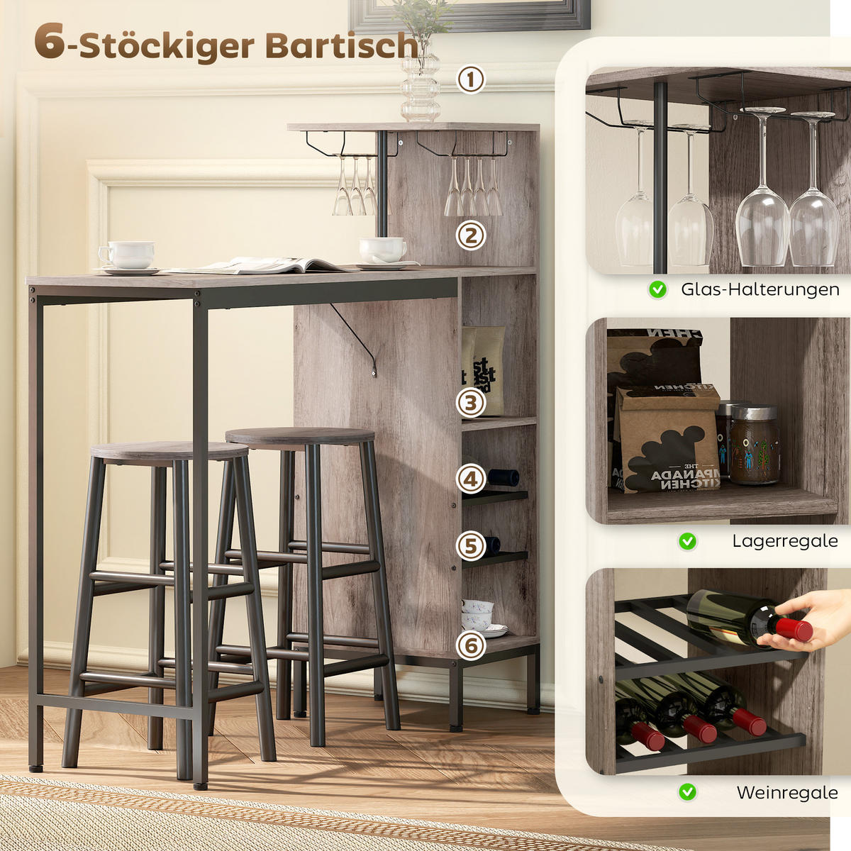 BARTISCH mit Barhocker Set Tresentisch mit 2 Stühlen mit Fußstütze, Grau - Grau, Holzwerkstoff (40/122/121.5cm) - HOMCOM