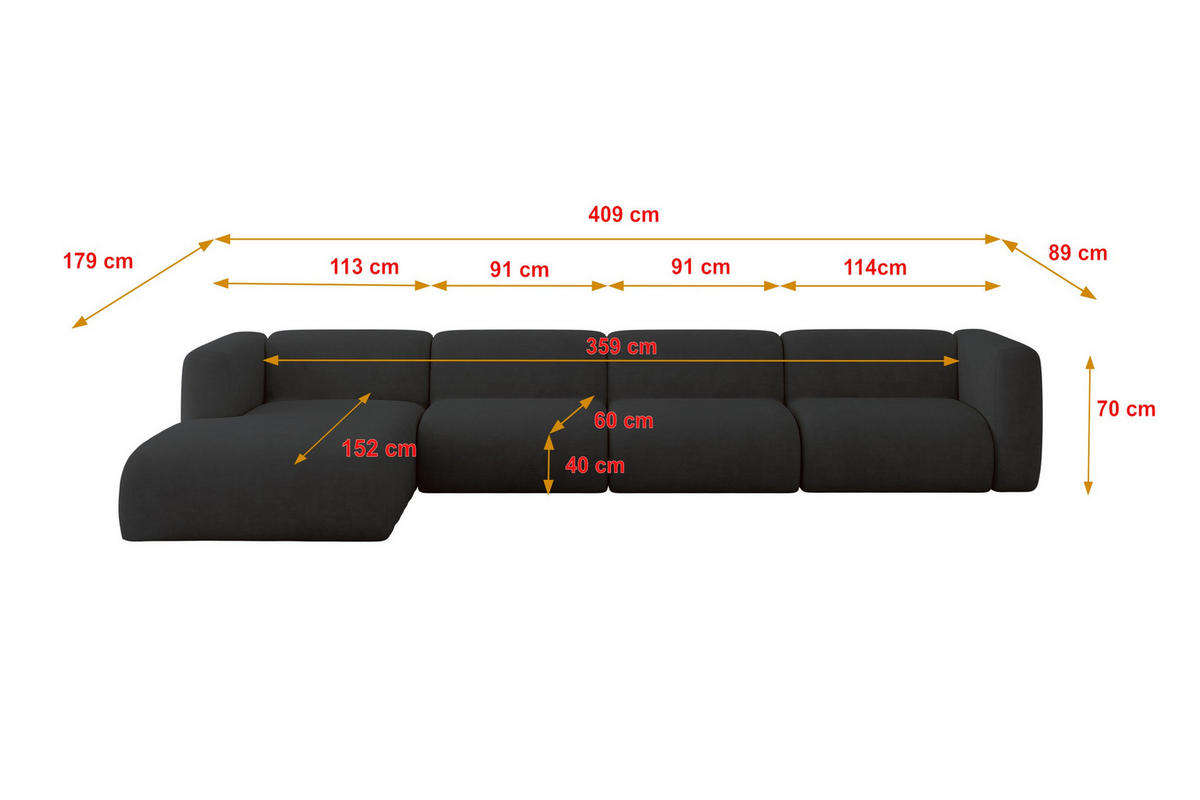 ECKSOFA Ottomane Links MIRA-L3 409x179x70 Schwarz Velours - Anthrazit/Schwarz, Holzwerkstoff/Kunststoff (409/179cm) - ALTDECOR