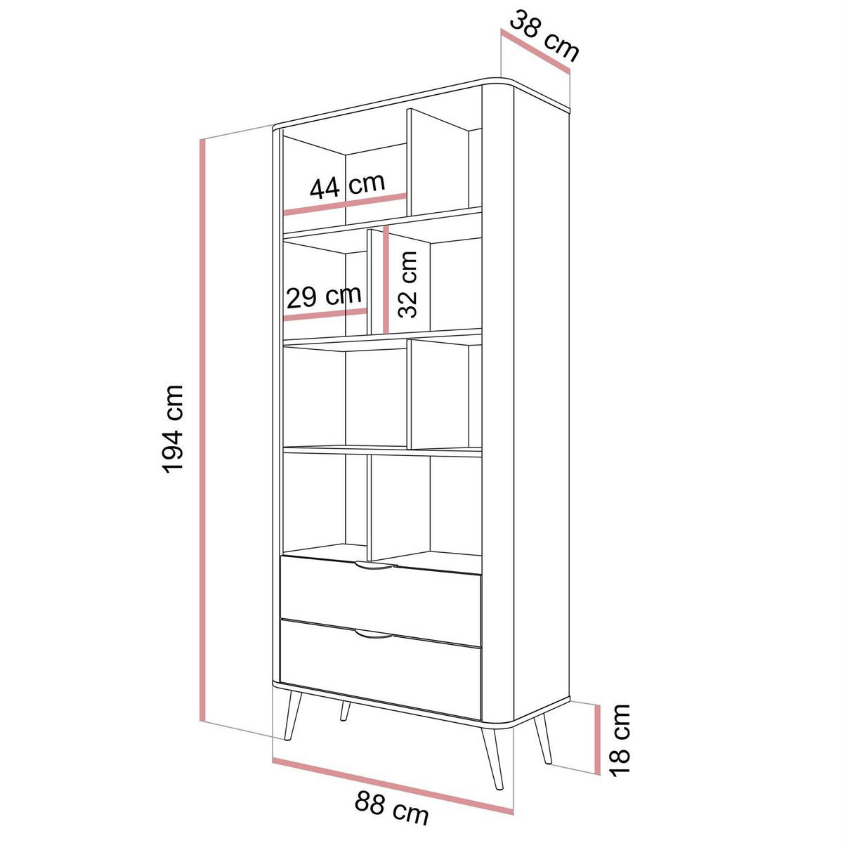 REGAL TWILIGHT mit Schubladen - Eichefarben, Holzwerkstoff (88/194/38cm) - Lookway