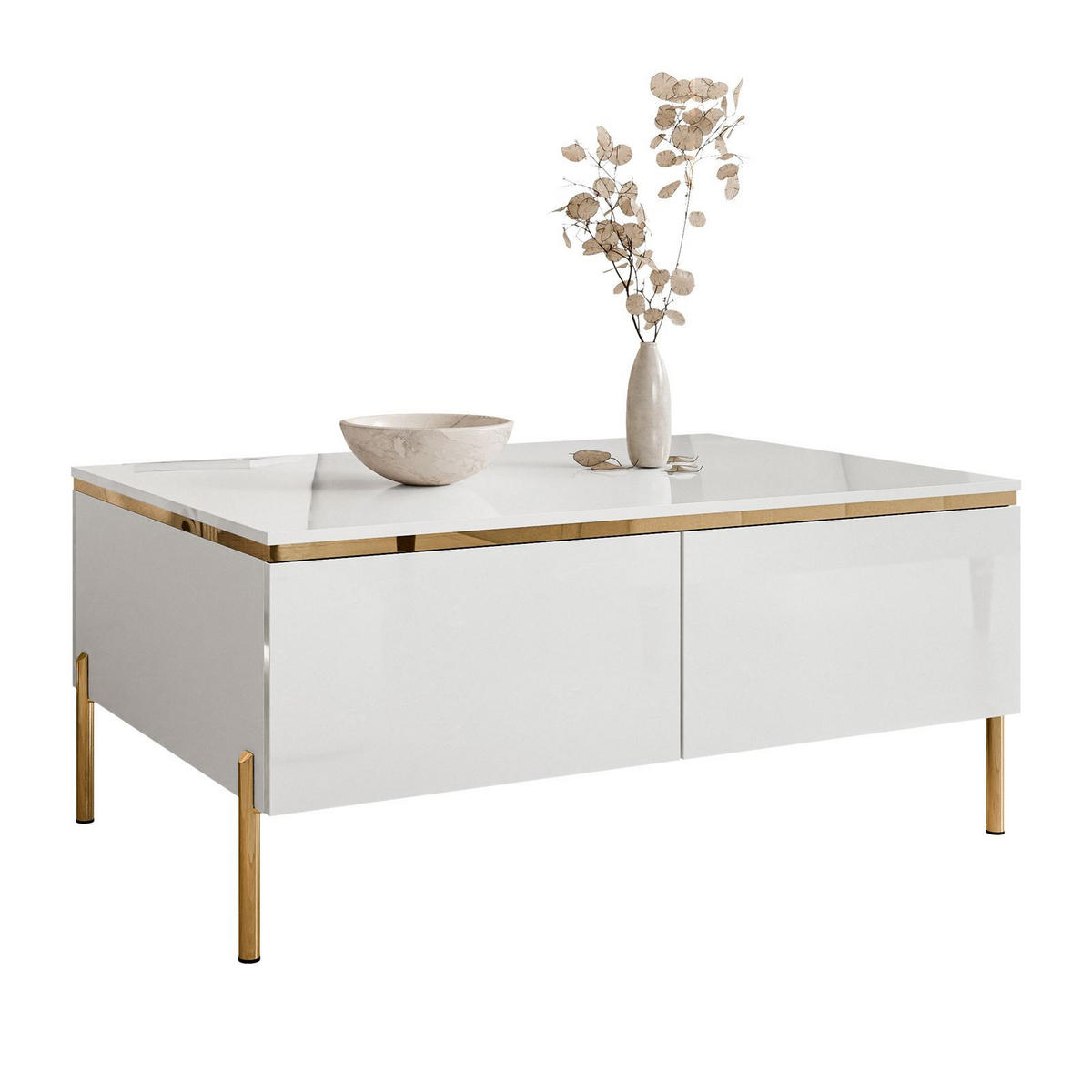 COUCHTISCH AURORA mit Staufach Weiß / Weiß hochglanz mit gerade Goldchrom Fuße - Weiß Hochglanz/Goldfarben, Holzwerkstoff/Metall (60/90/40cm) - Lookway