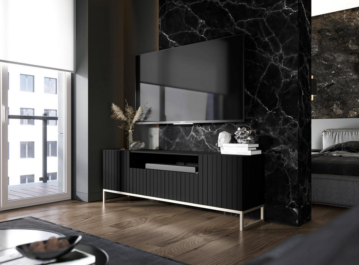 TV-SCHRANK Elpis2 Schwarz Matt mit Metallrahmen 150 cm - Goldfarben/Schwarz, Holzwerkstoff/Metall (150/51.5/36.5cm) - Meble Lindner