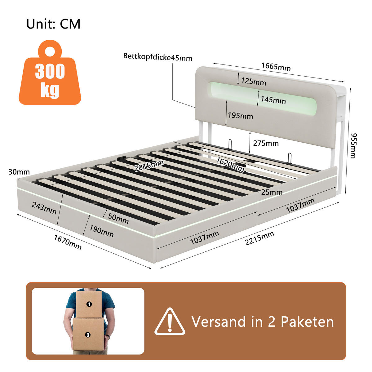 POLSTERBETT 160/200 cm Beige mit hydraulischem Stauraum, LED-Kopfteil mit Ablage und USB-Anschluss - Beige, Metall (160/200cm) - EuroLiving